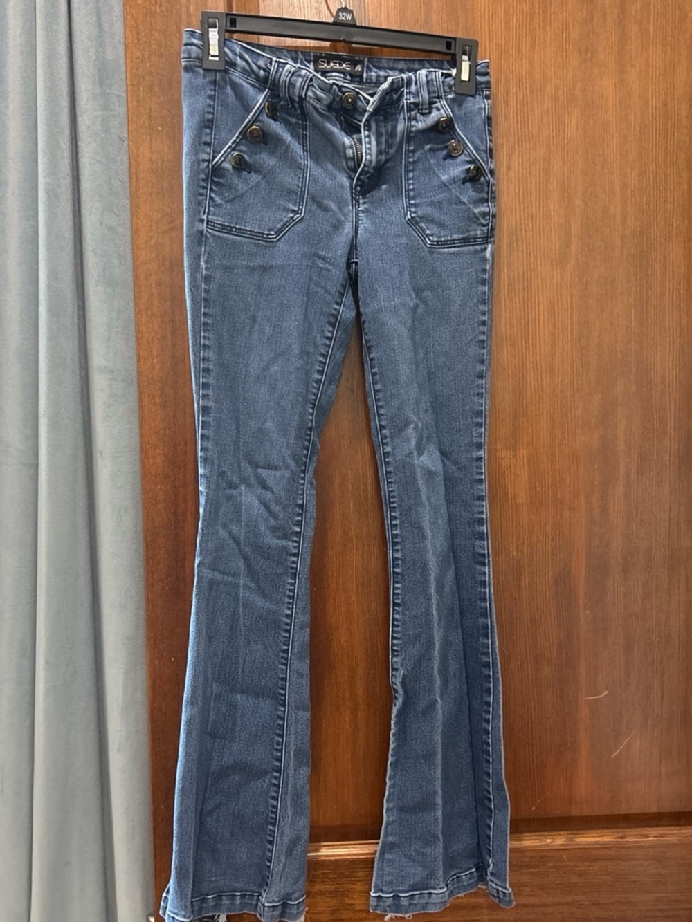 High-Rise Dark Blue Flare Jeans with Button Pocket Detail